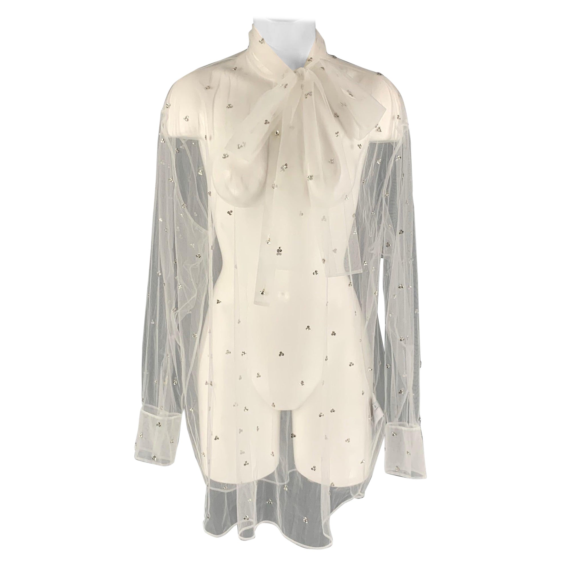 VALENTINO Size 12 White Polyamide See Through Bow Blouse For Sale