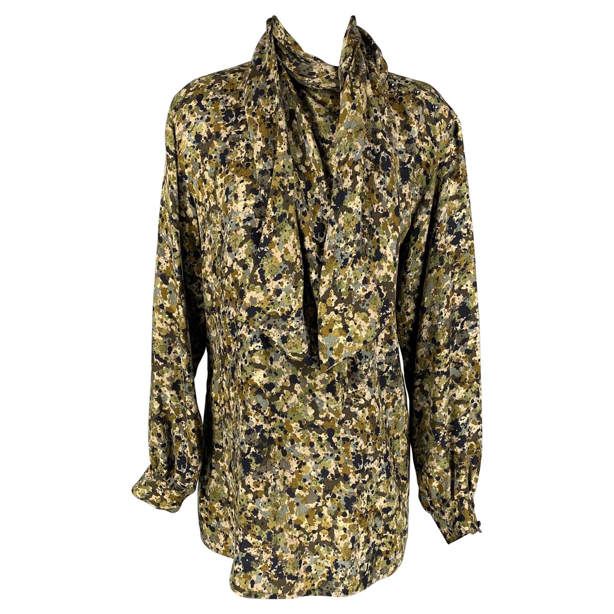GUCCI Size 4 Olive Green & Brown Silk Print Bow Blouse For Sale