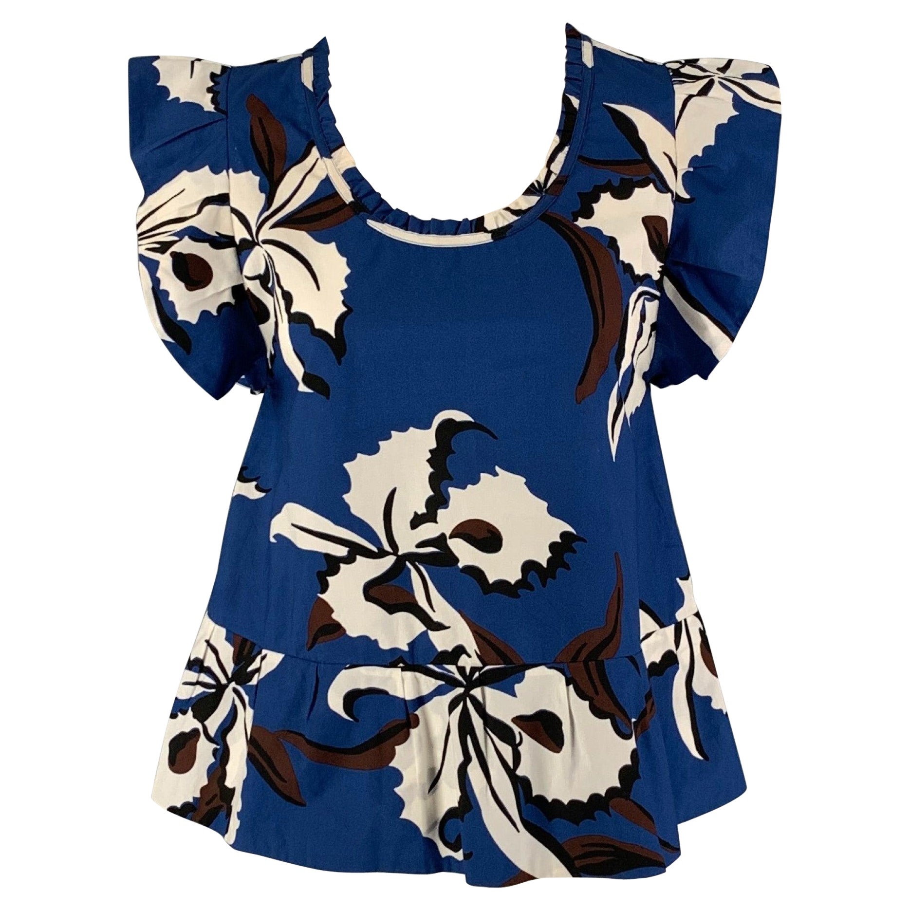 MARNI Size 0 Blue &  White Cotton Floral Sleeveless Blouse For Sale