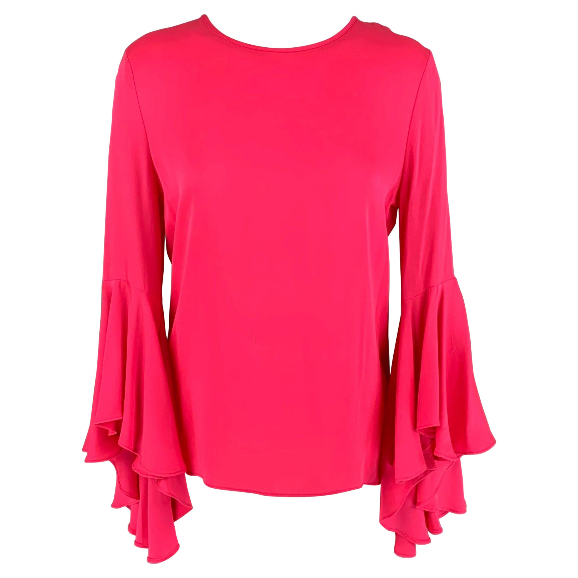 MILLY Size S Pink Silk Crew-Neck Bell Sleeves Blouse For Sale