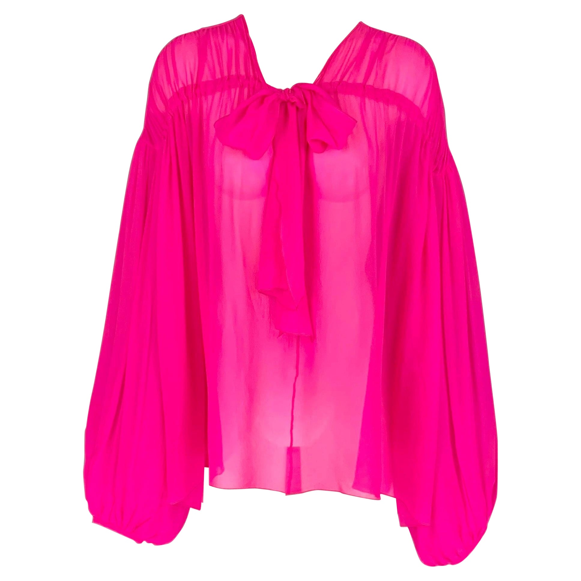 GIAMBATTISTA VALLI Size L Pink Silk See Through Bow Blouse For Sale