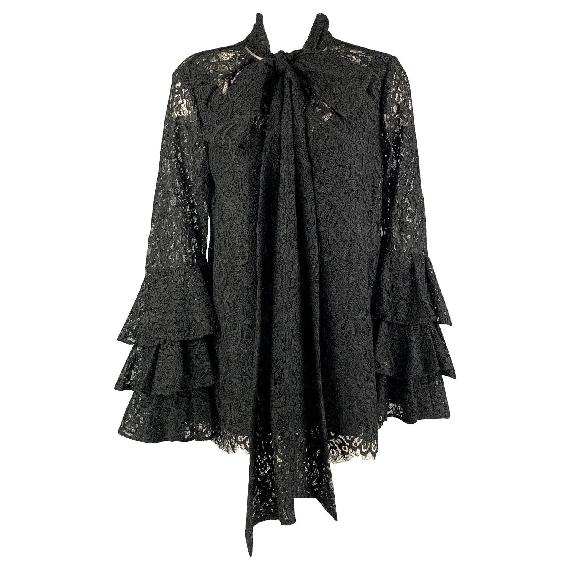 PRABAL GURUNG Size 4 Black Lace Nylon & Cotton Bow Blouse For Sale