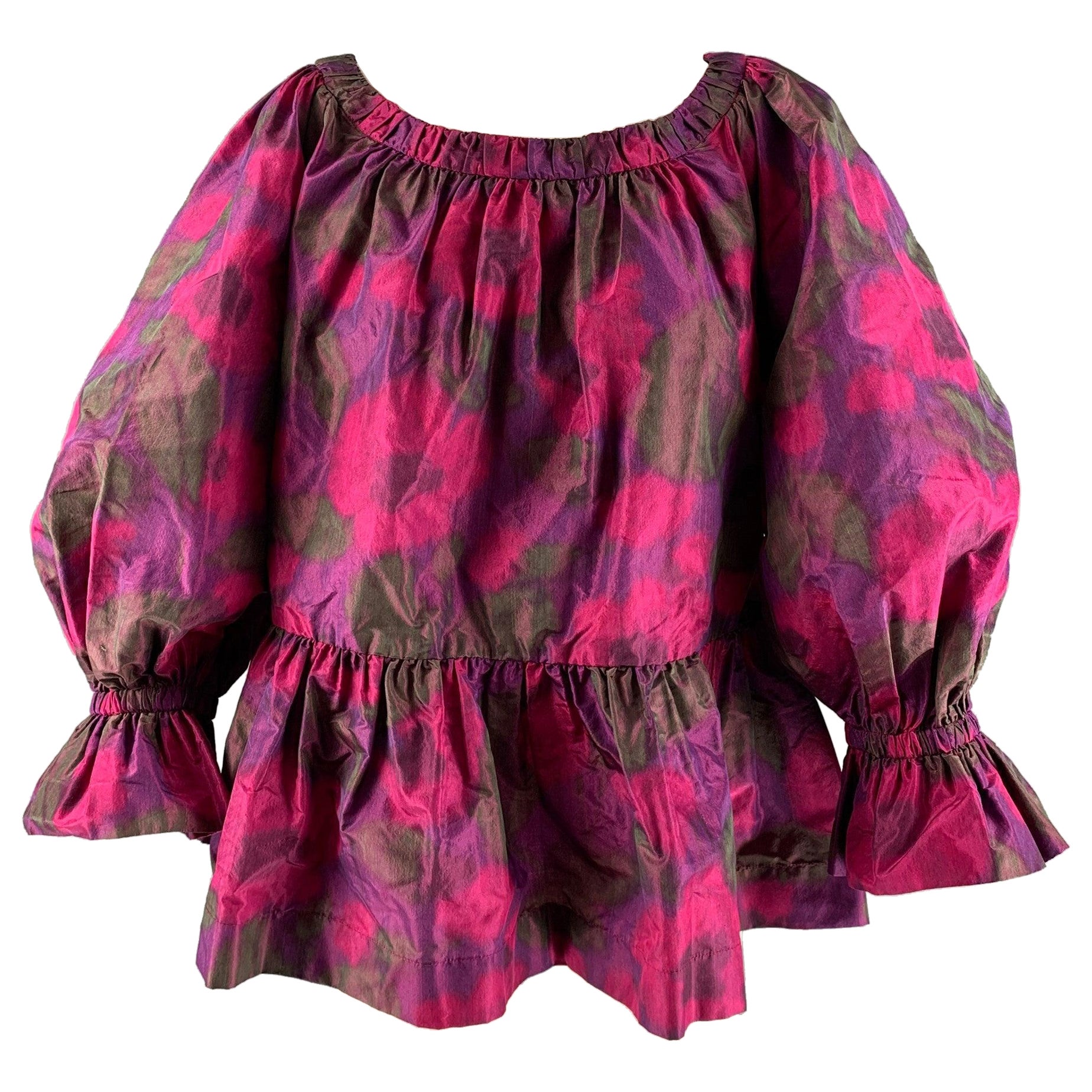 MARC JACOBS Size 12 Purple Pink Silk Print Flared Blouse For Sale