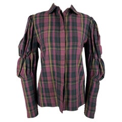 RALPH LAUREN Collection Size 4 Purple & Taupe Plaid Cotton Blouse