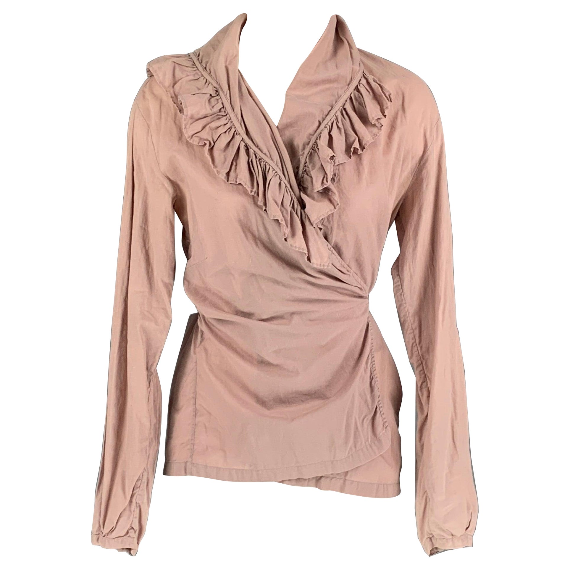 DRIES VAN NOTEN Size 10 Dust Pink Ruffled Wrap Around Blouse For Sale