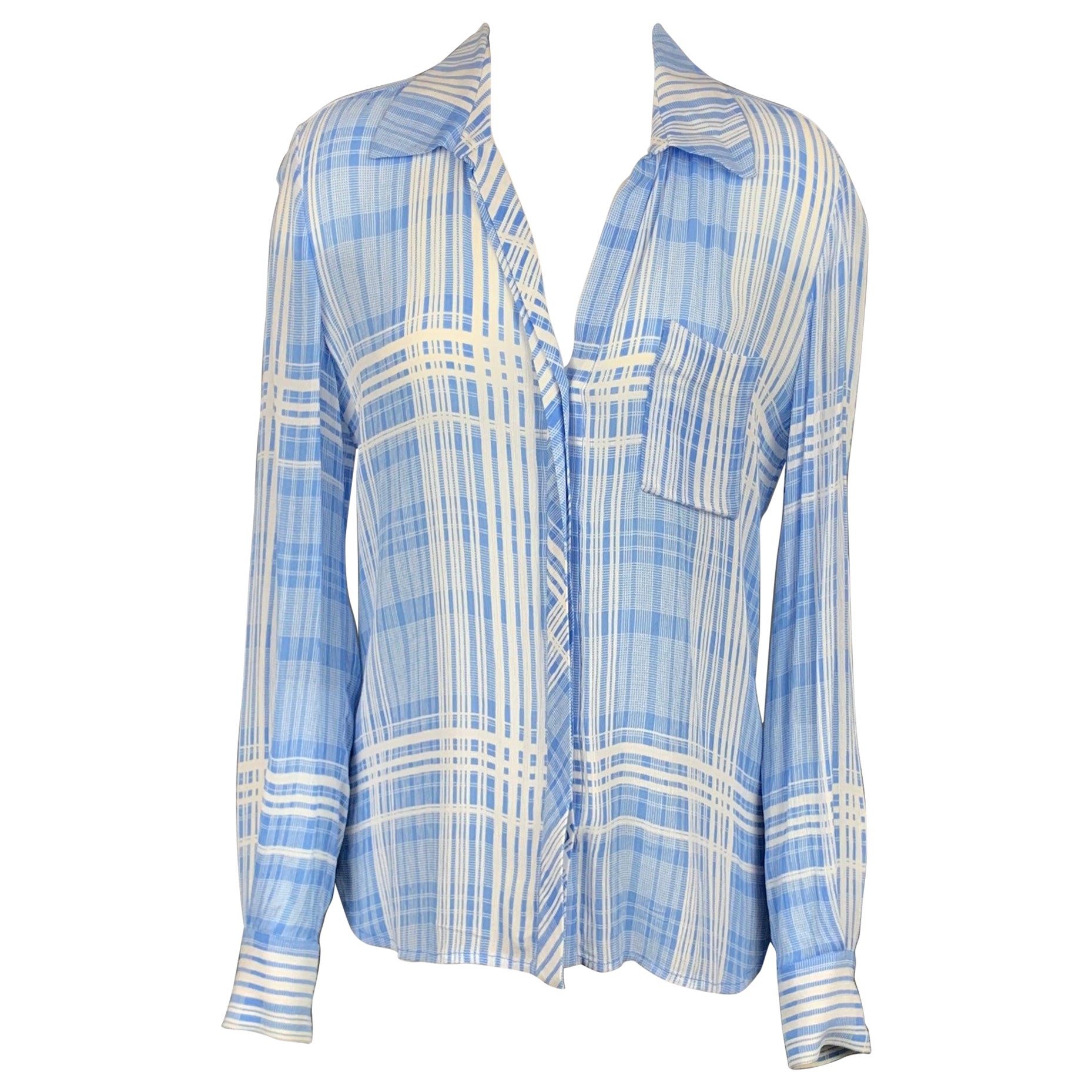 DIANE VON FURSTENBERG Size 2 Light Blue & White Plaid Viscose Blouse For Sale