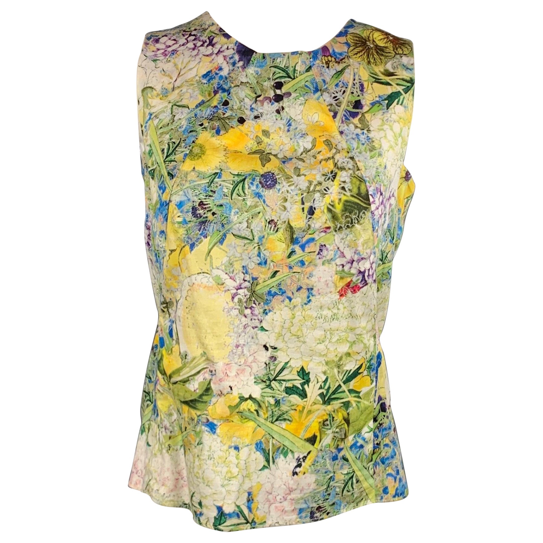 ERDEM Size 4 Green & Yellow Floral Cotton Sleeveless Blouse For Sale