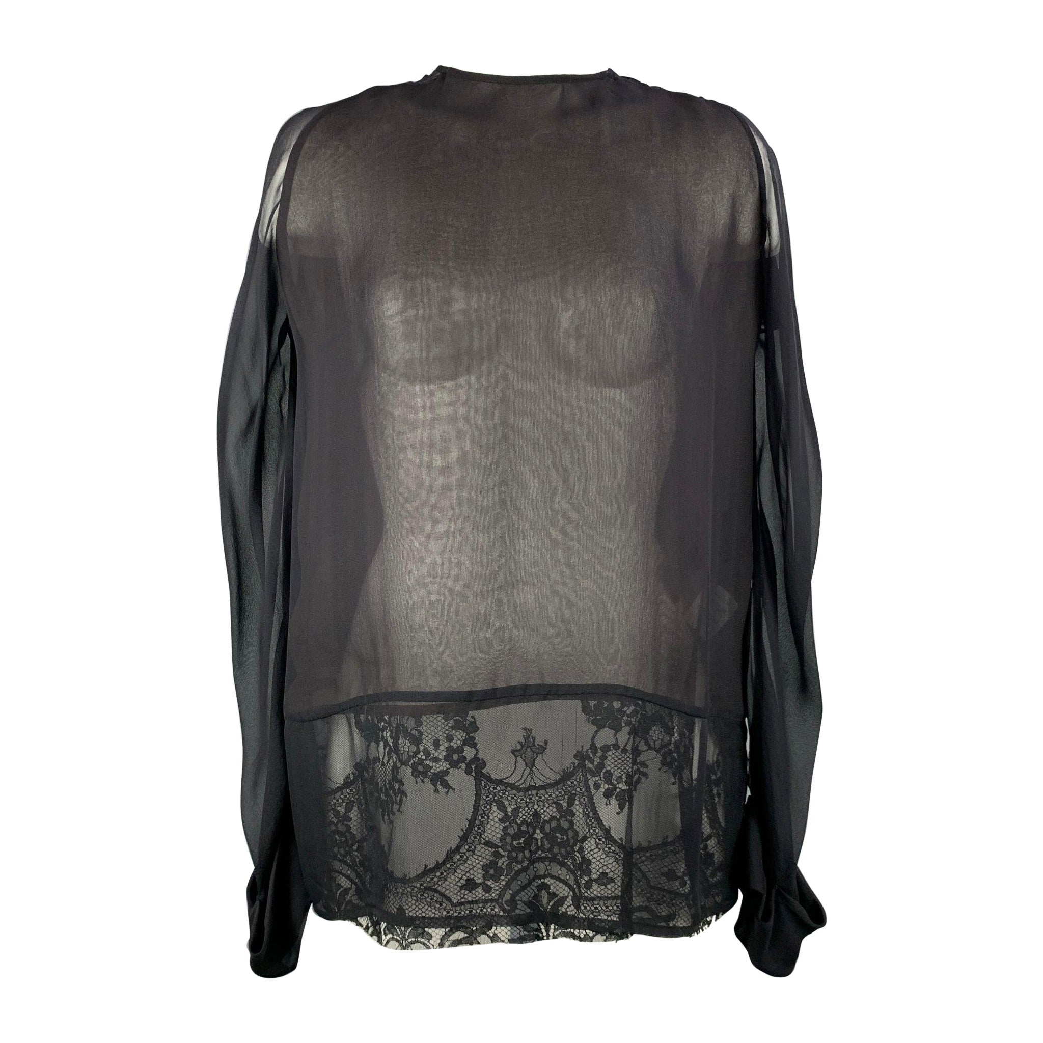 HAIDER ACKERMANN Size 4 Black & Brown Lace Panel Silk Blouse For Sale