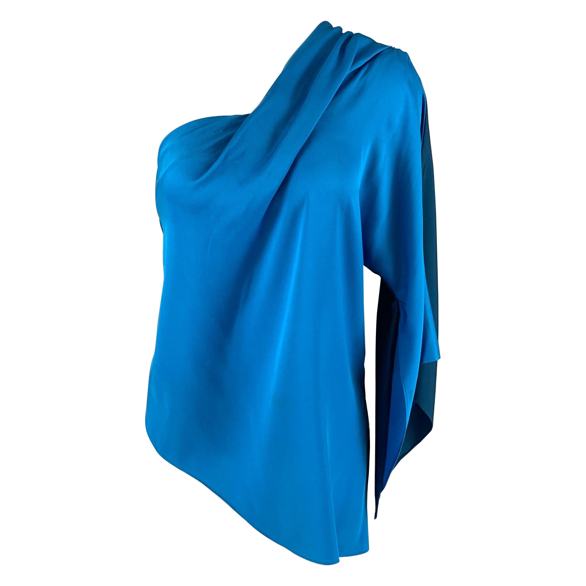ELIE TAHARI Cobalt Blue Silk Two Tone One Shoulder Blouse For Sale