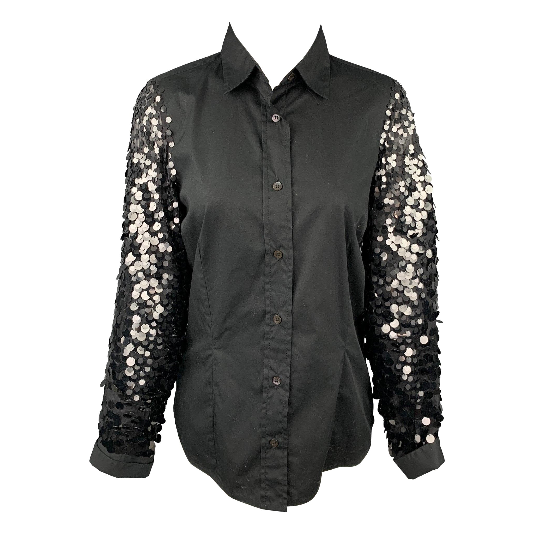 DRIES VAN NOTEN Size 6 Black Cotton / Silk Sequined Sleeves Blouse For Sale