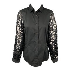 DRIES VAN NOTEN Size 6 Black Cotton / Silk Sequined Sleeves Blouse