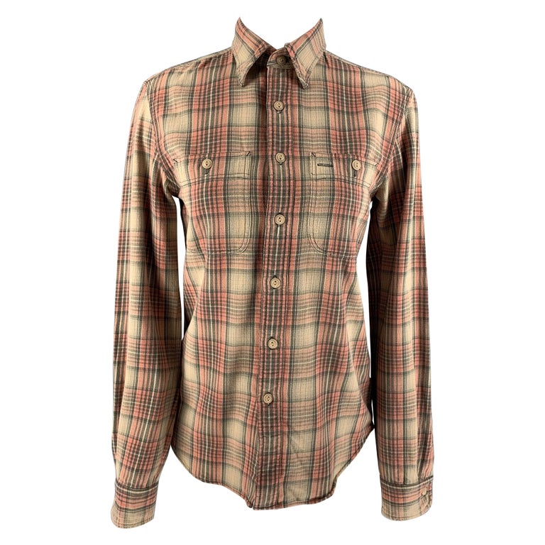 RRL by RALPH LAUREN Size S Pink Beige Cotton Plaid Blouse For Sale 