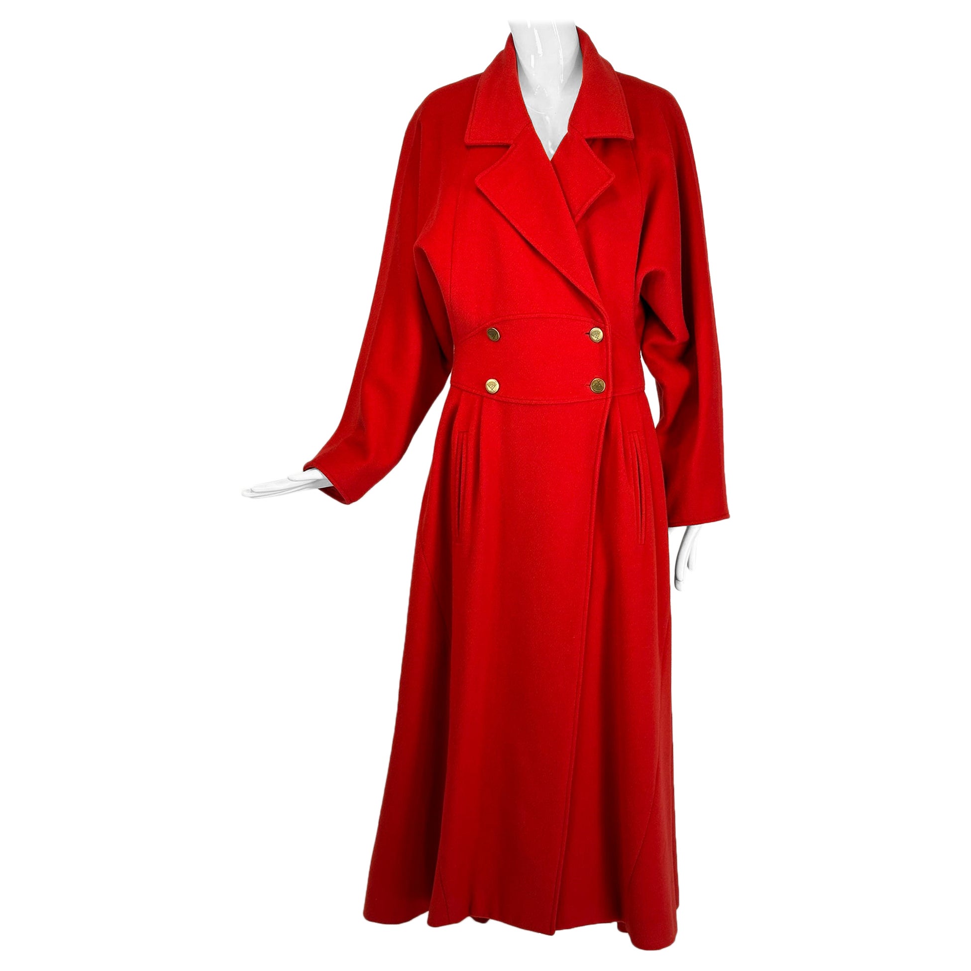Karl Lagerfeld Dramatic Red Wool Dolman Sleeve Semi Full Skirt Coat 10 1980s For Sale