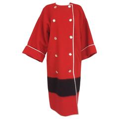 Geoffrey Beene red and black wool blanket coat silver lame trim 1970s 10