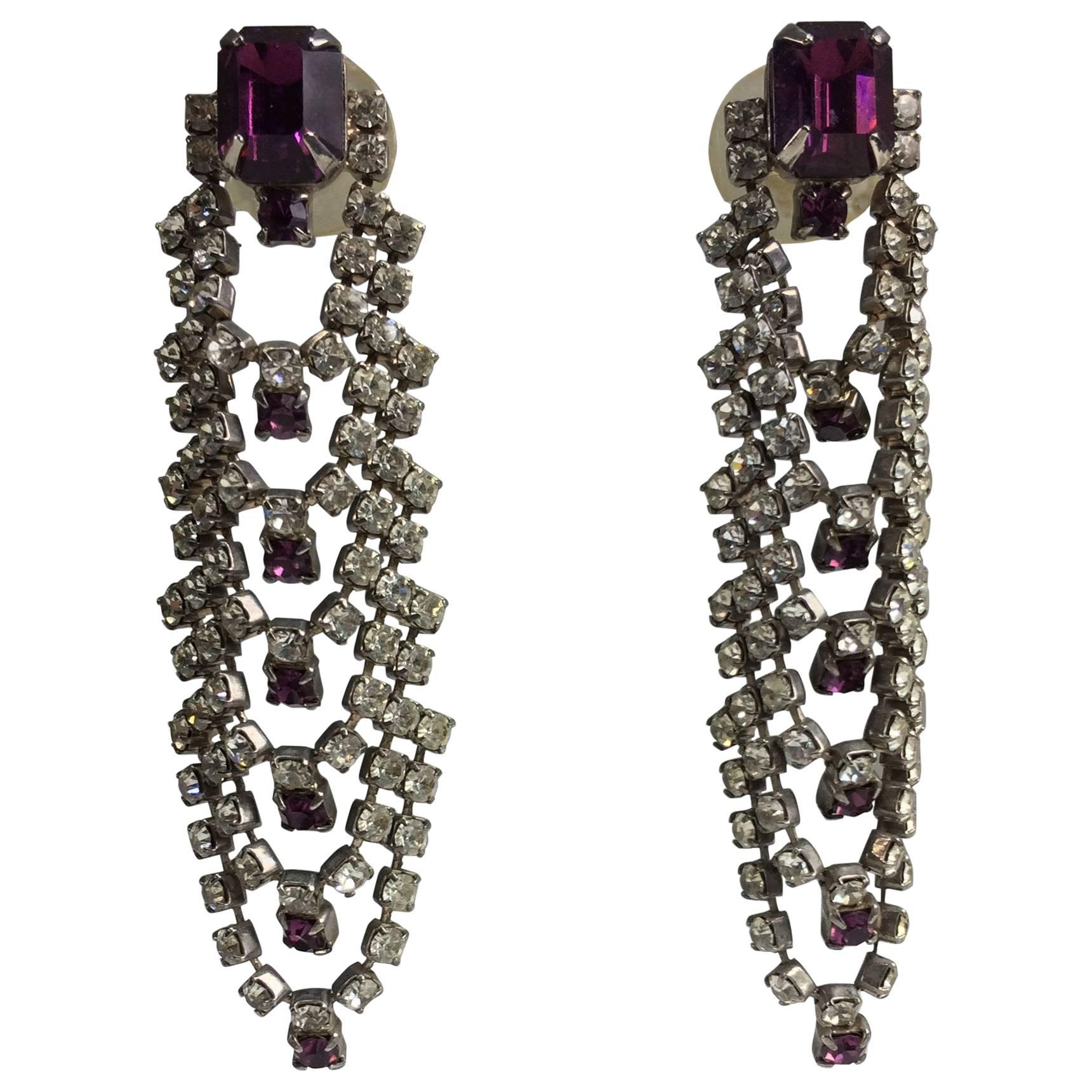 Faux Amethyst and rhinestone draped cascade pierced earrings 1960s