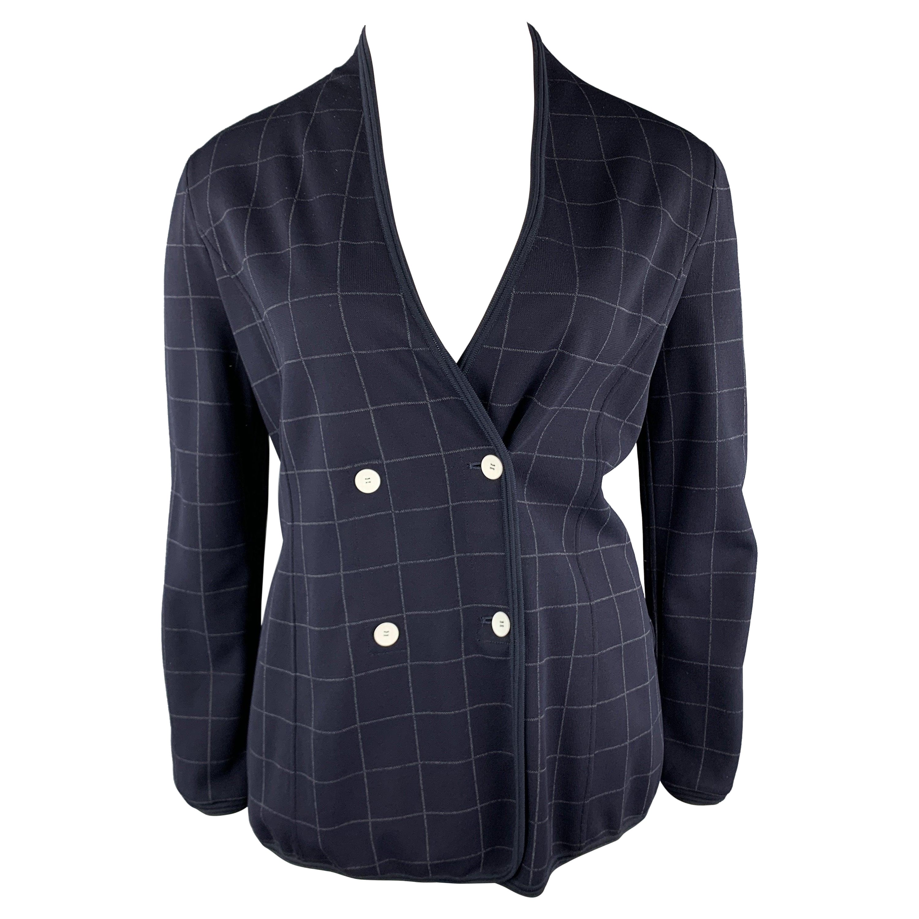 GIORGIO ARMANI Size 12 Navy Windowpane Double Breasted Cardigan Jacket For Sale