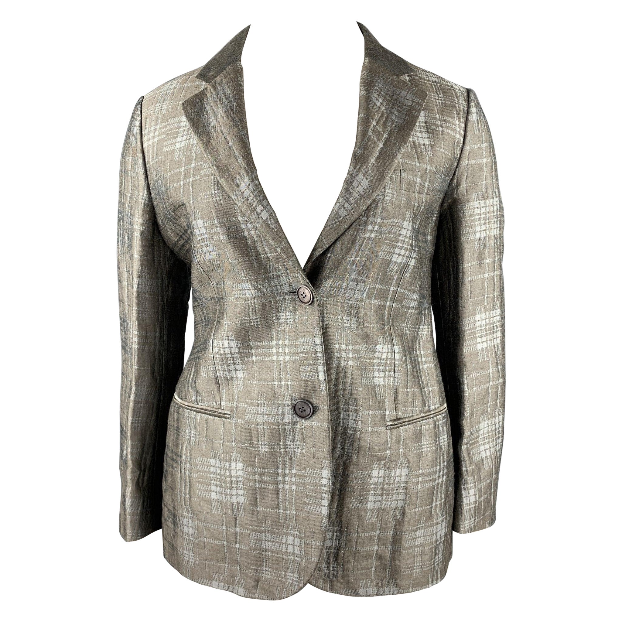 GIORGIO ARMANI Size 10 Grey Plaid Jacquard Linen Blend Notch Lapel Blazer For Sale