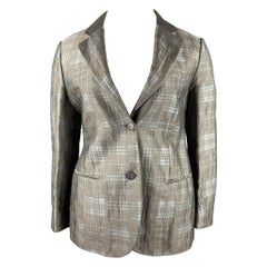 GIORGIO ARMANI Größe 10 Grau karierter Blazer aus Jacquard-Leinenmischung mit Neckholder-Revers