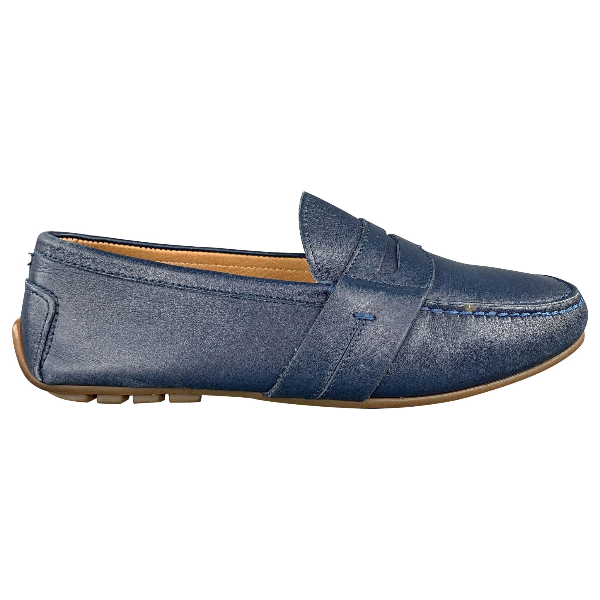 RALPH LAUREN Size 7.5 Navy Solid Leather Drivers Loafers For Sale