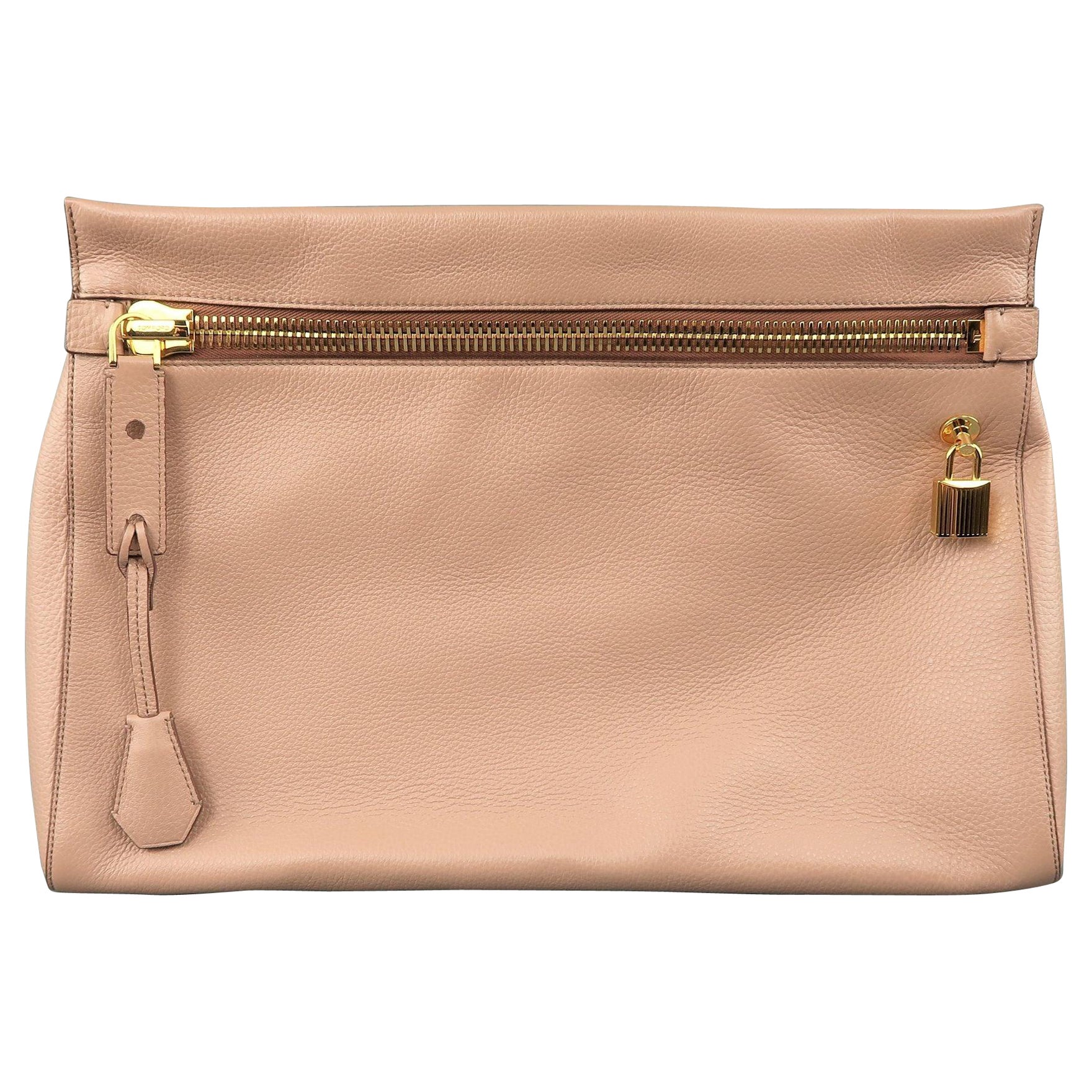 TOM FORD Nude Textured Leather Gold Padlock ALIX Clutch Handbag For Sale