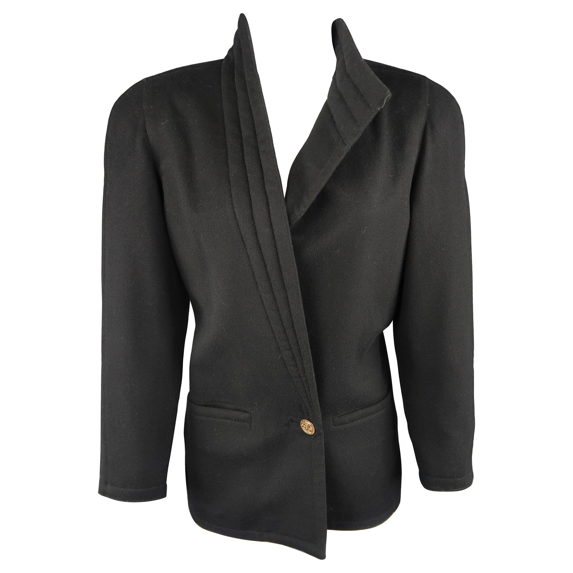 Vintage 1980s GIANNI VERSACE Size 8 Black Wrap Collar Coat For Sale