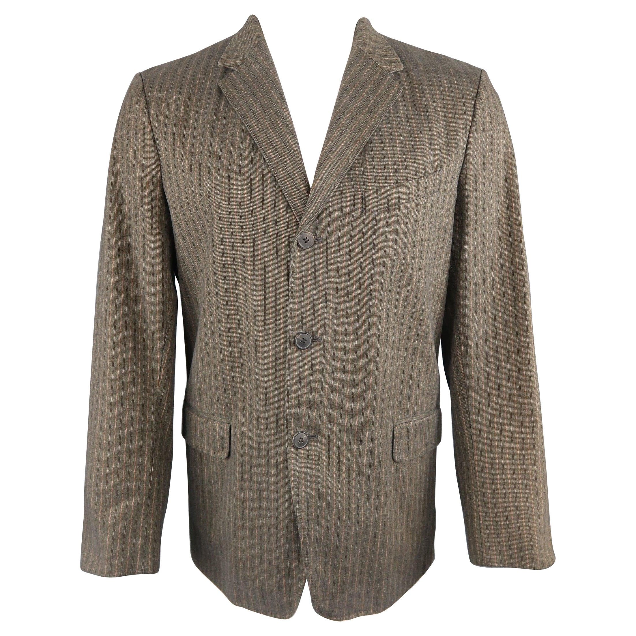 DRIES VAN NOTEN 38 Taupe Striped Herringbone  Cotton Notch Lapel Sport Coat For Sale