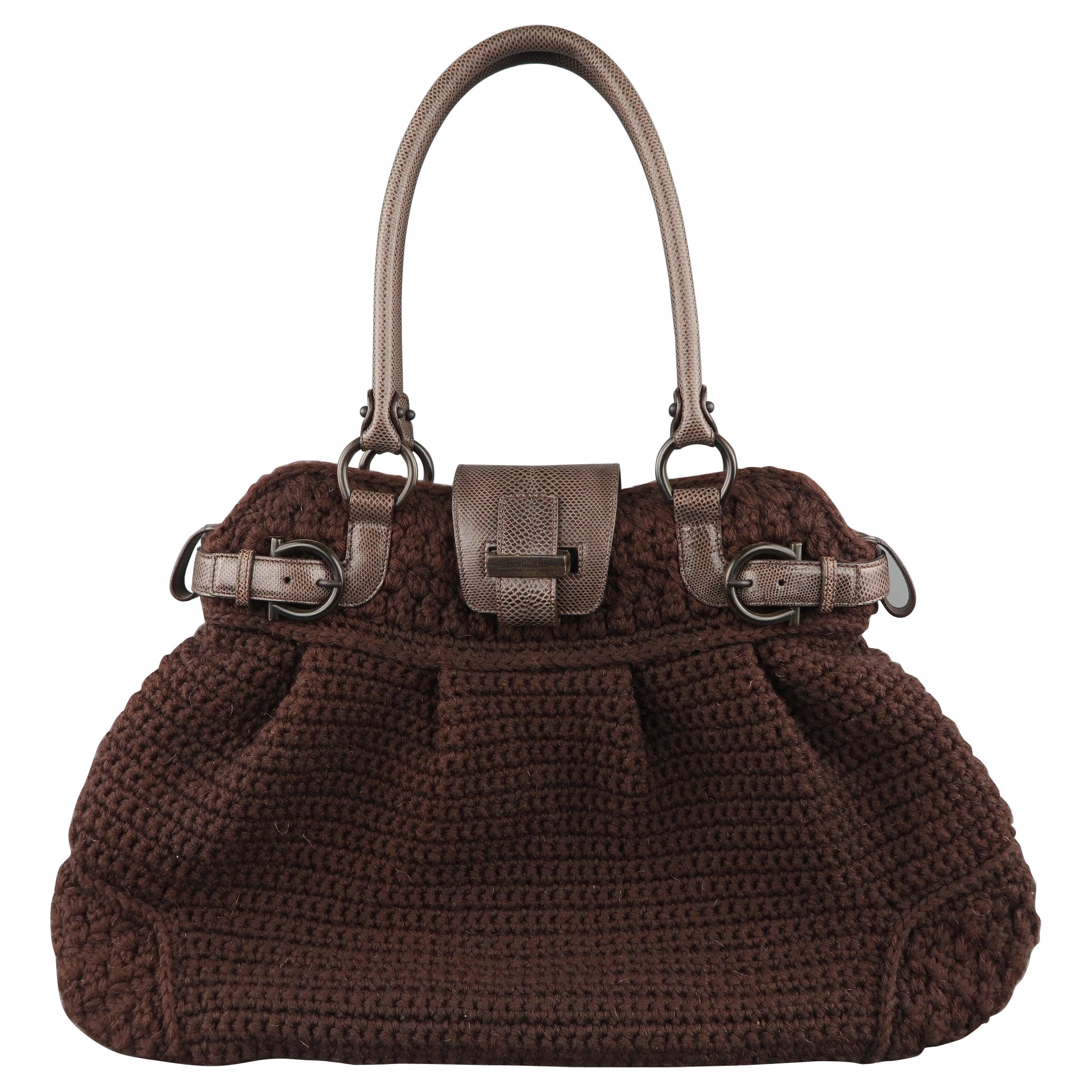 SALVATORE FERRAGAMO Brown Crochet Knit Leather Top Handles Handbag For Sale