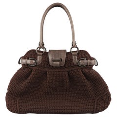 SALVATORE FERRAGAMO Brown Crochet Knit Leather Top Handles Handtasche
