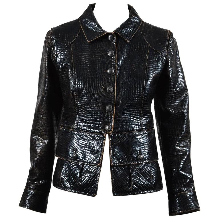 Chanel Runway Brown Embossed Vegan Leather Long Sleeve Jacket Size 38 ...