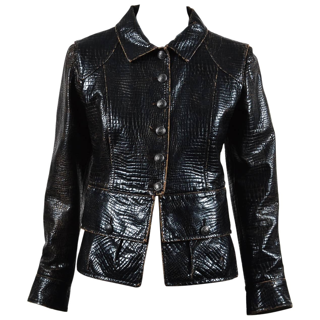 Chanel Runway  Brown Embossed Vegan Leather Long Sleeve Jacket Size 38 For Sale