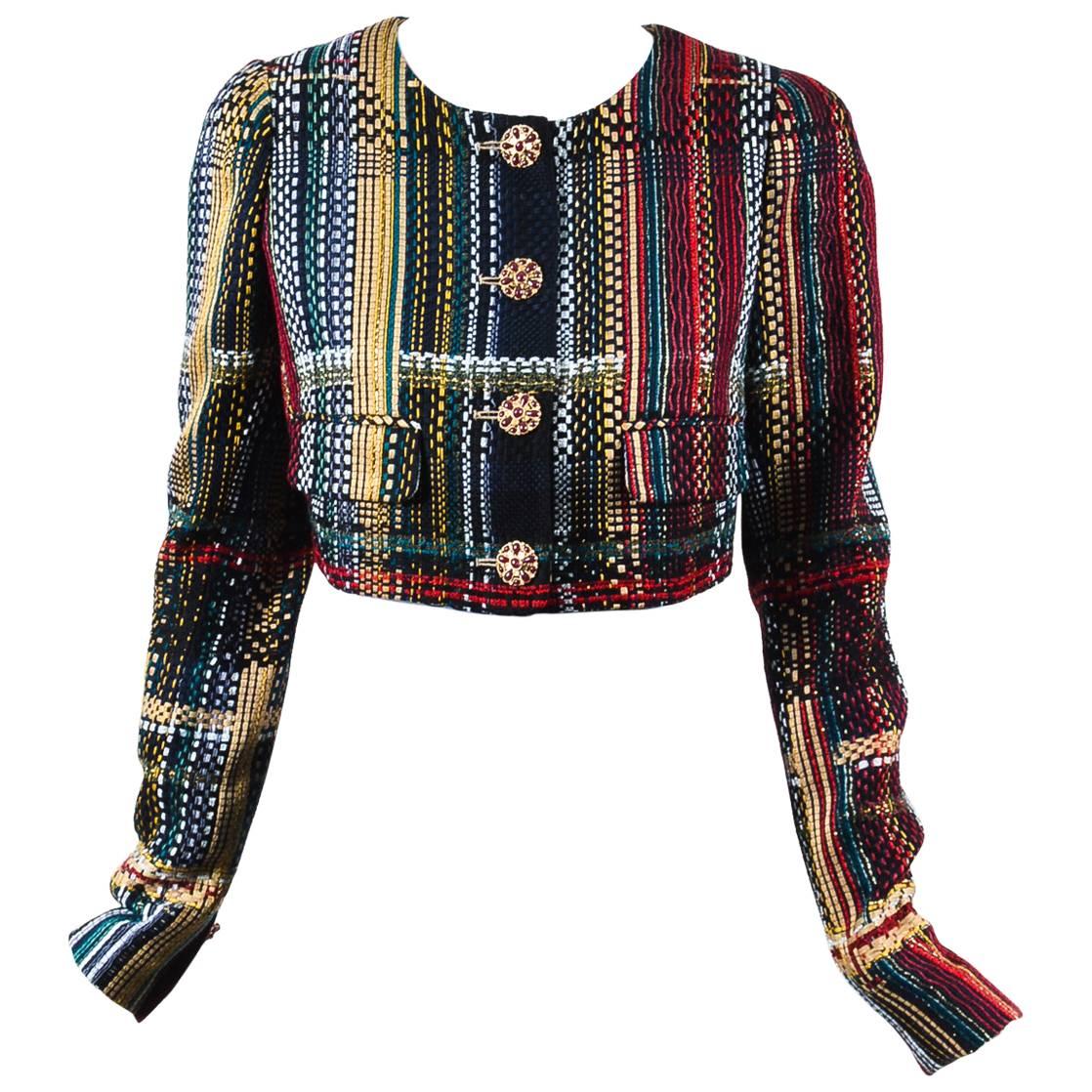 Chanel NWT Runway 2015 Multicolor Tweed Cotton Cropped Long Sleeve Jacket SZ 44 For Sale