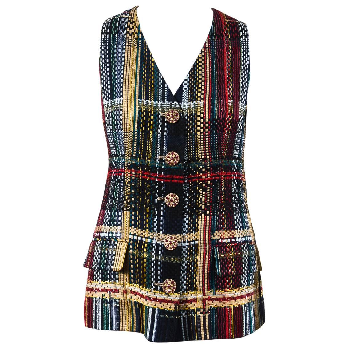Chanel NWOT Runway 2015 Multicolor Tweed Cotton Sleeveless Buttoned Vest SZ 44 For Sale
