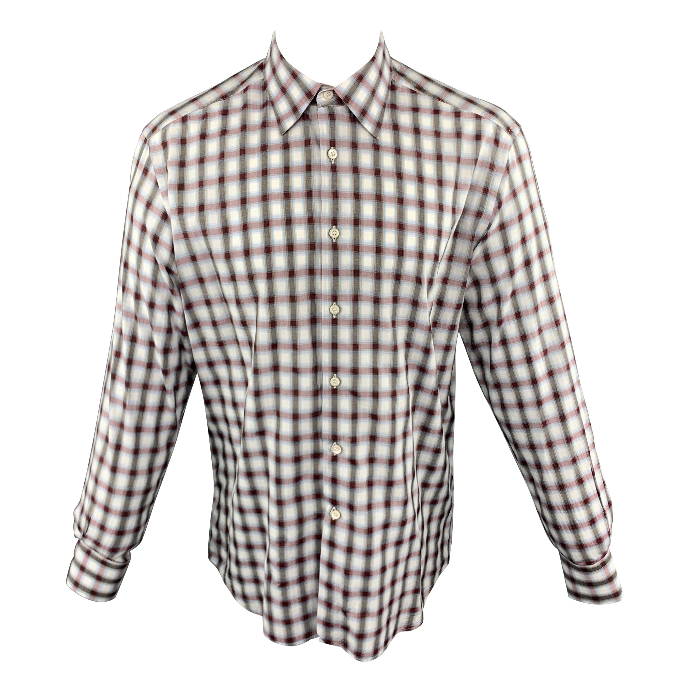 PRADA - Chemise à manches longues boutonnée en coton à carreaux multicolores, taille M en vente