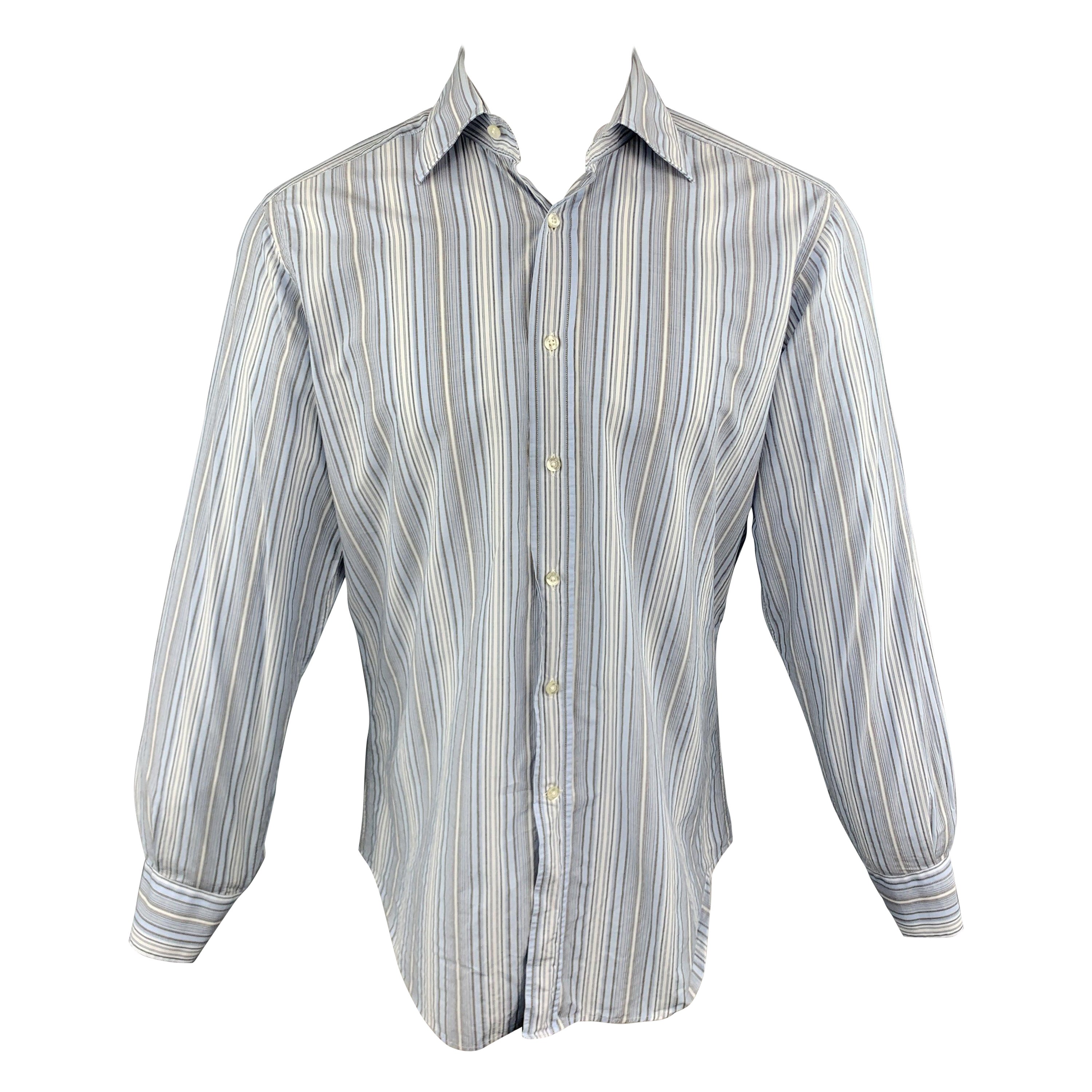 ETRO Size M Blue & Grey Stripe Cotton Button Up Long Sleeve Shirt For Sale