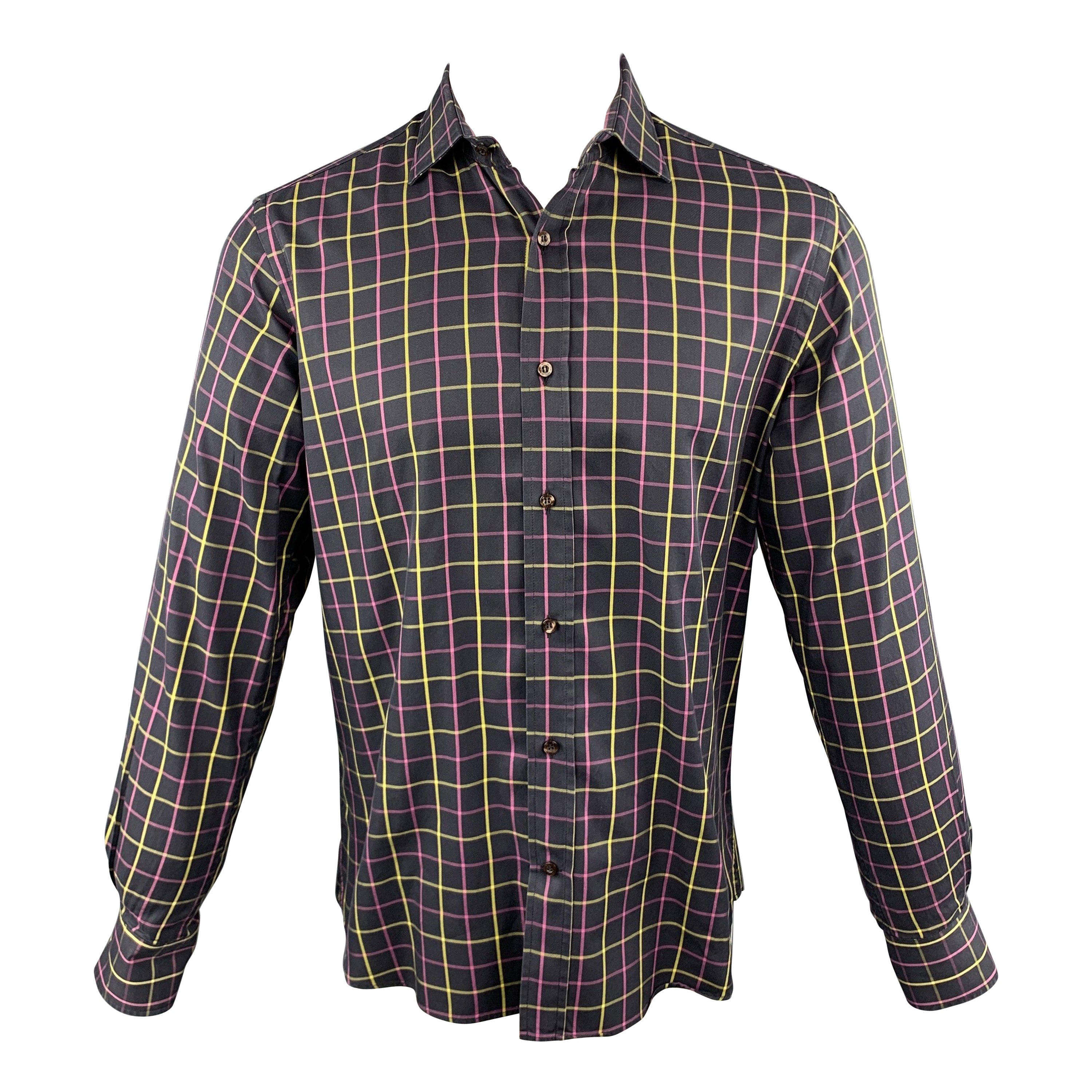 ETRO Size M Purple Plaid Cotton Button Up Long Sleeve Shirt For Sale