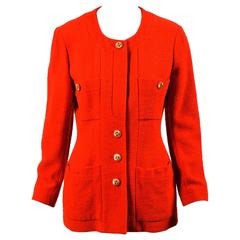 Vintage Chanel Boutique Red Gold 'CC' Buttoned Tweed Jacket SZ 40 12