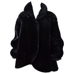 Vintage Fendi Black Shearling Curly Fur Trim Open Front Long Sleeve Swing Coat