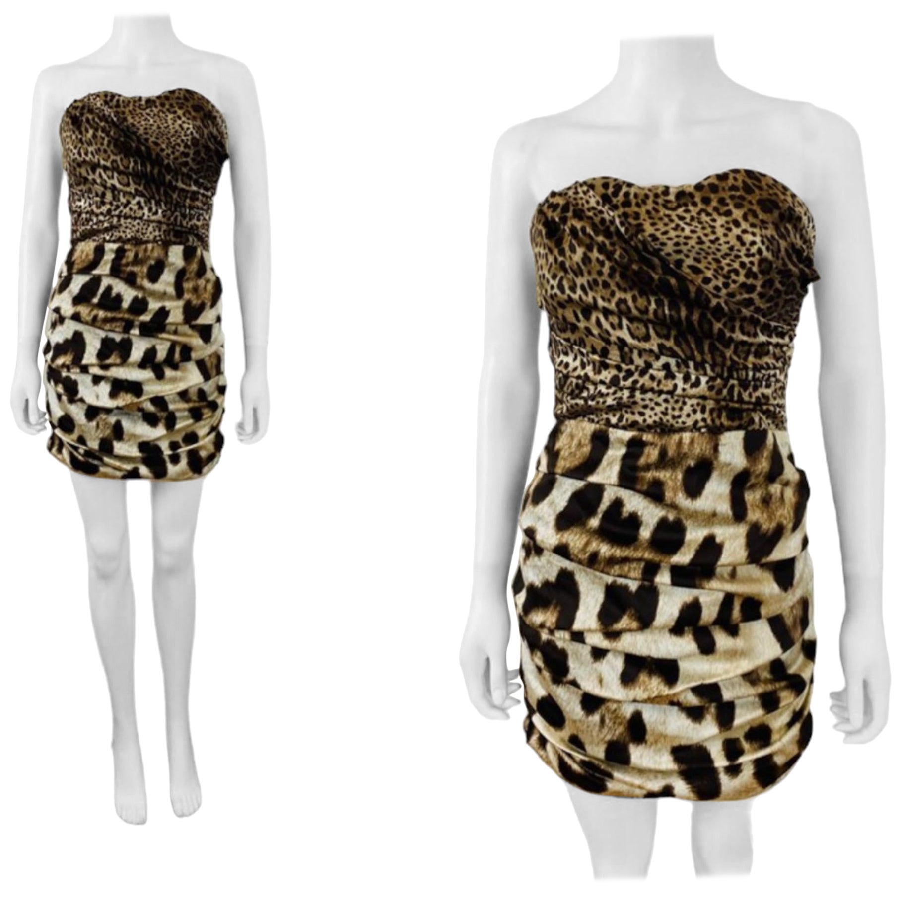 Beautiful Vintage Y2K Dolce & Gabbana Dress
Fitted bodice with ruched gathered details + hidden wired bras/bust cups
Boning on sides of bodice
Contrasting leopard print fabrics with smaller leopard print on top + oversized leopard print on the