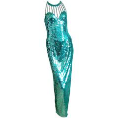 Exquisite Della Roufogali Evening Gown with Sequins and High Collar 1980s S/M