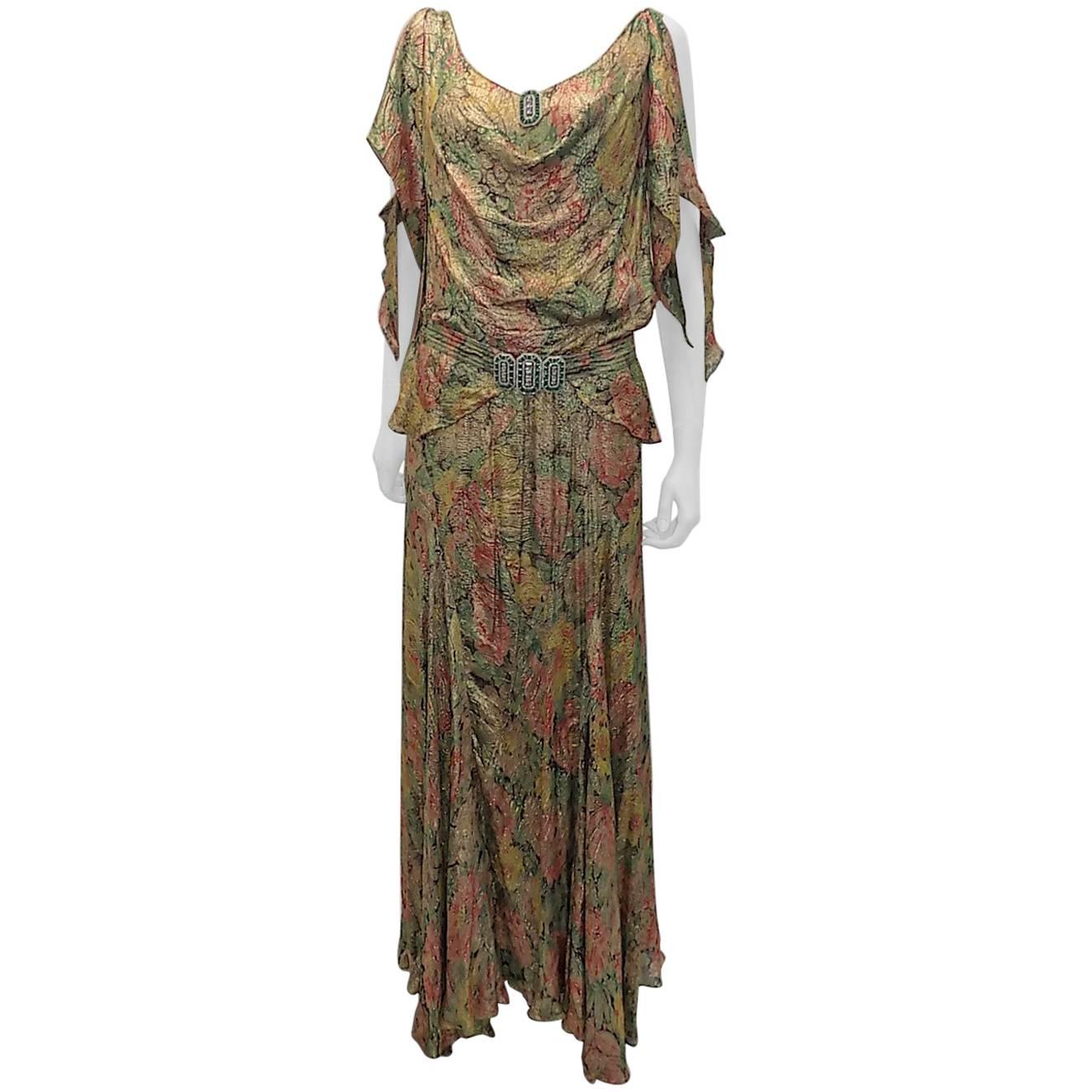 metallic brocade gown with crystal buckle belt, 1930s   For Sale