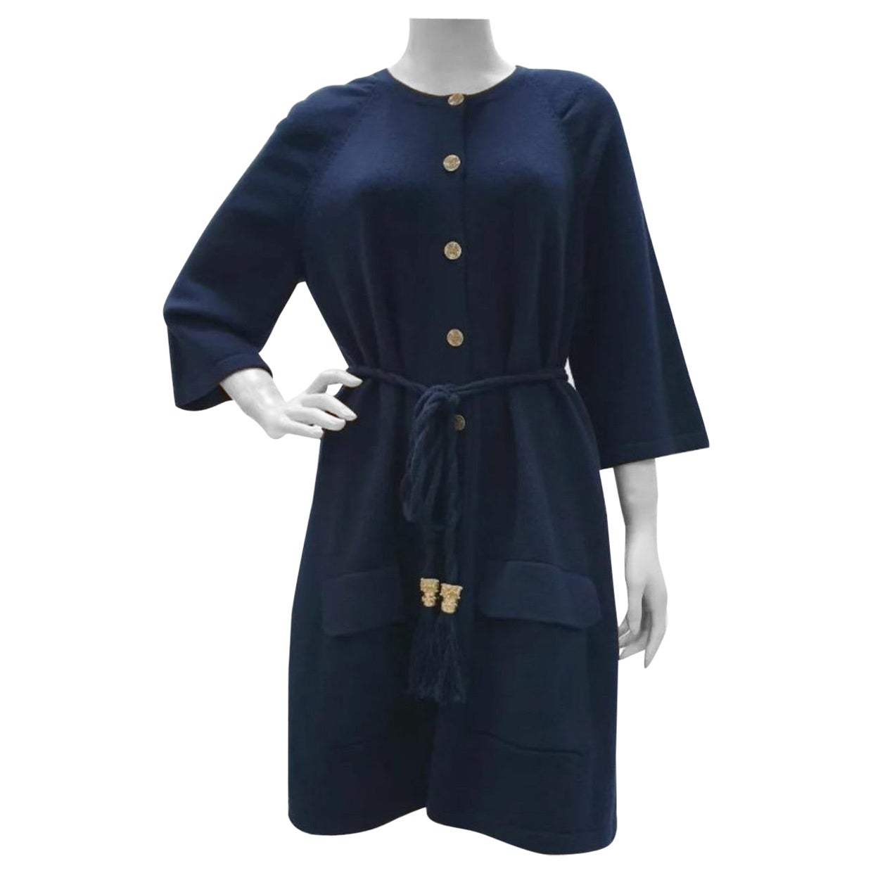 CHANEL 18C Navy Blue Belted Cashmere Dress