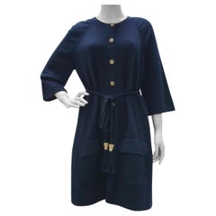 CHANEL 18C Navy Blue Belted Cashmere Dress