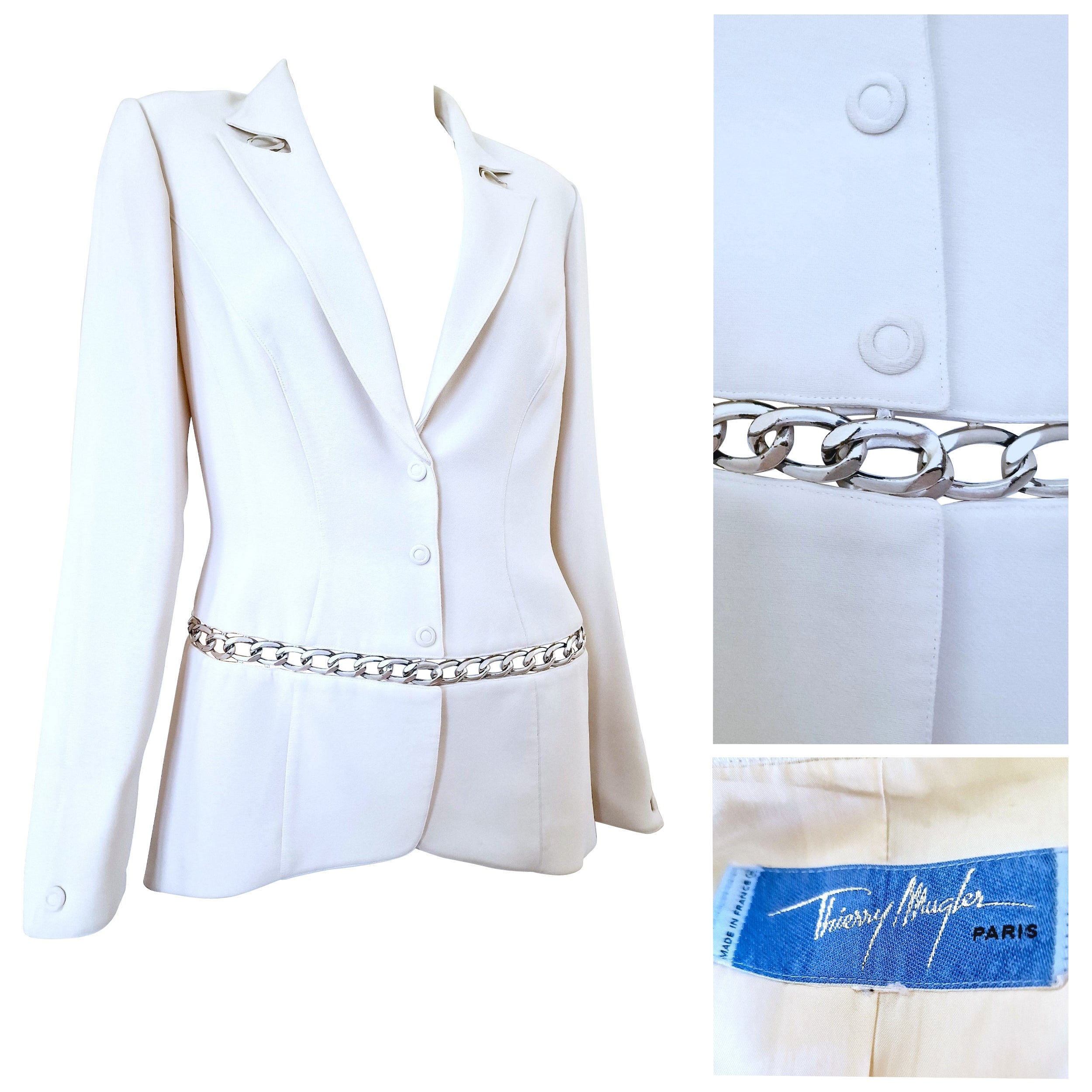 Thierry Mugler Chain Runway Evening Couture White Wasp Waist Large Blazer Jacket