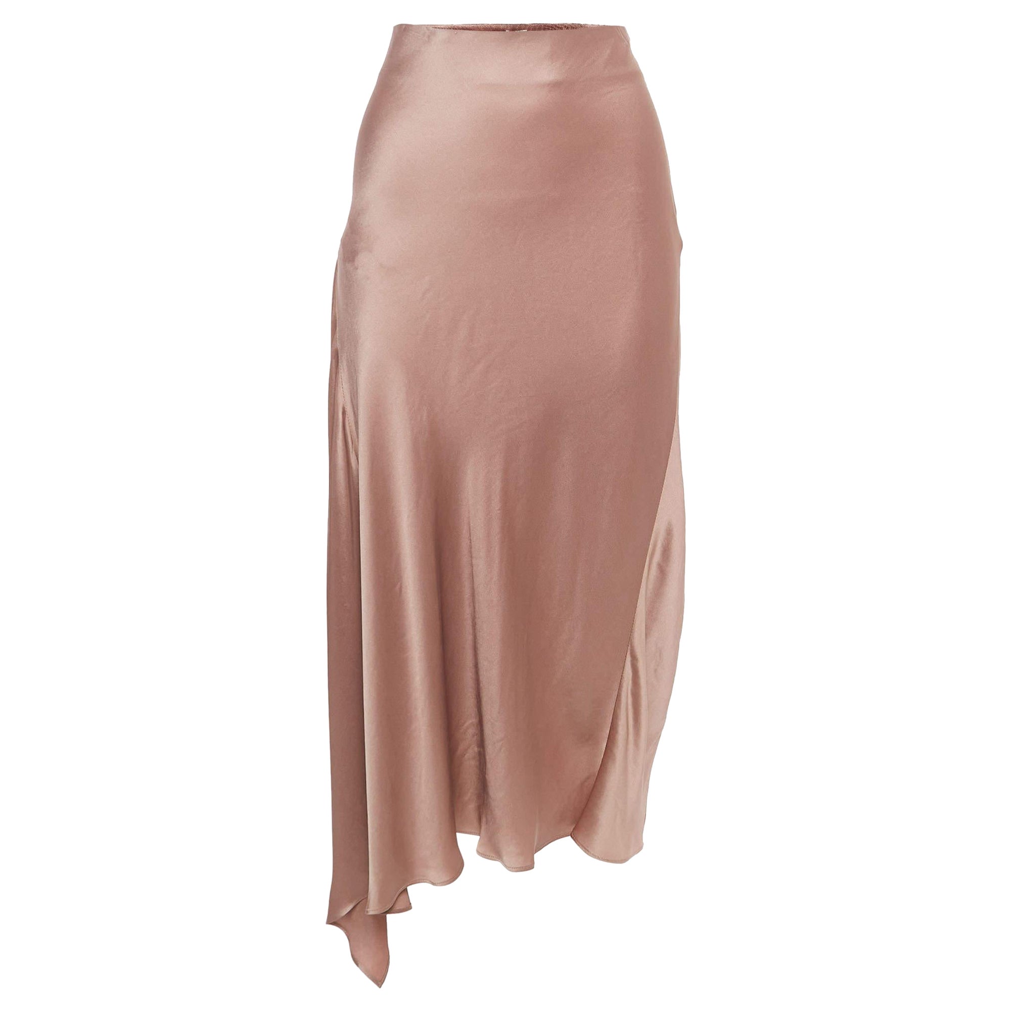 Brunello Cucinelli Pink Satin Asymmetric Midi Skirt L For Sale