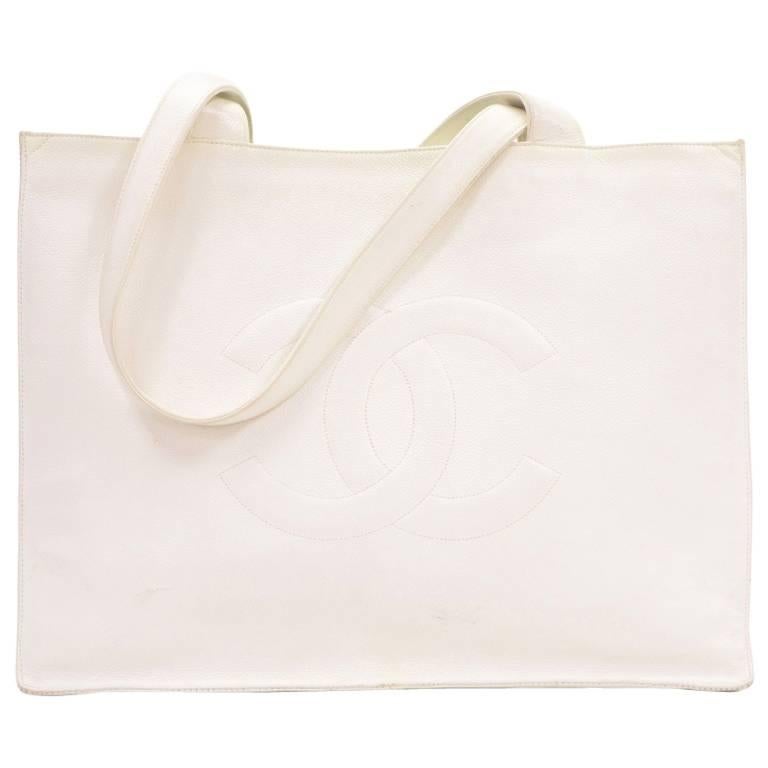 Chanel Jumbo XL White Caviar Leather Shopper Tote Bag