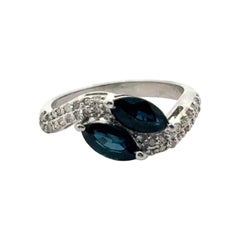 Genuine Diamond and Blue Sapphire Two Stone Ring in Sterling Silver for Her