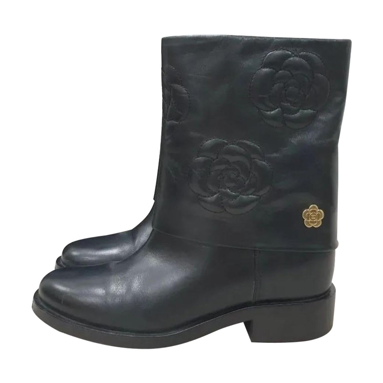 CHANEL 2016 Camellia Flower Black Leather Mid Calf Boots For Sale