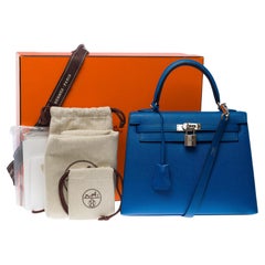 Superbe lanière de sac à main Hermès Kelly 25 en cuir d'epsom Zellige bleu, SHW