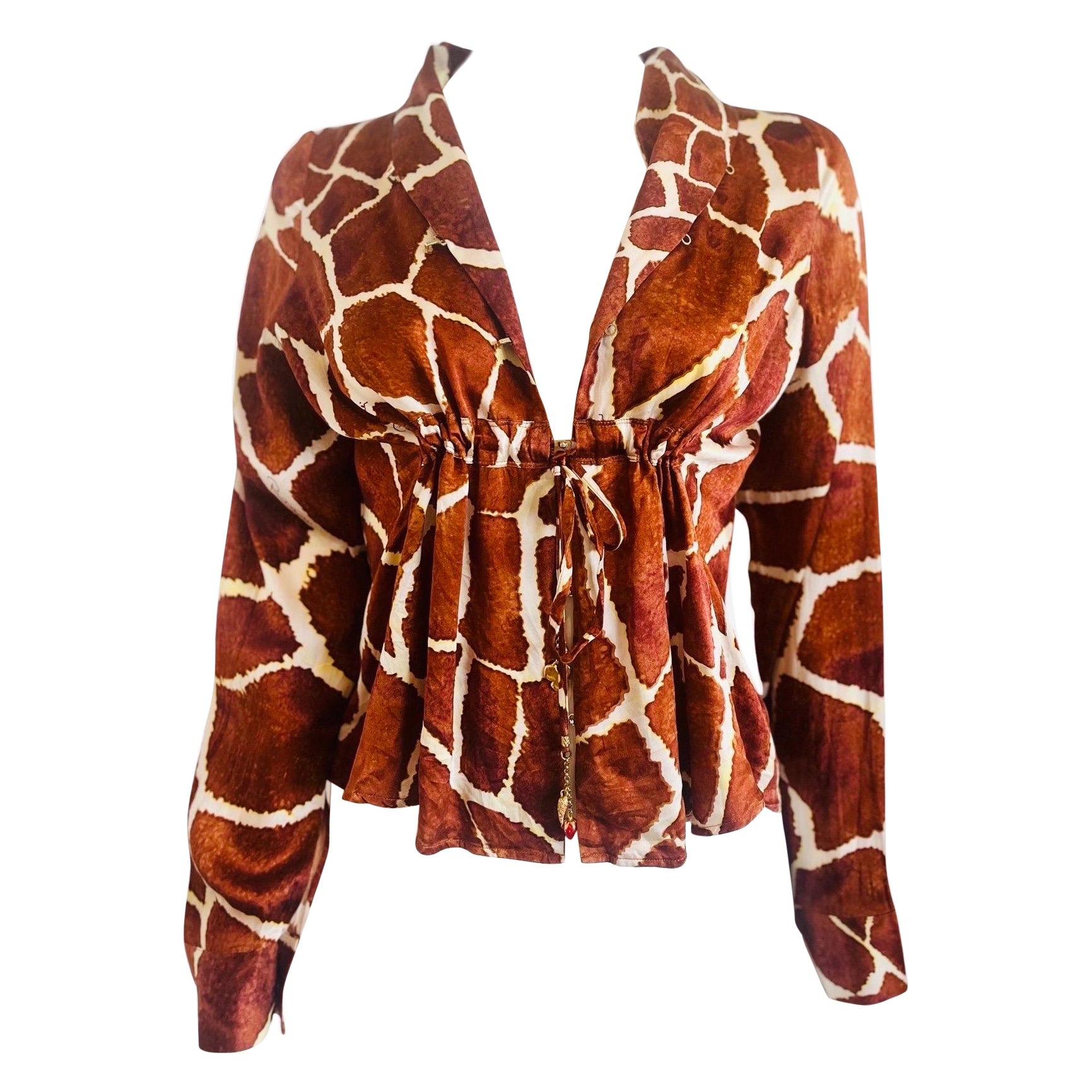 Chemisier en soie girafe Roberto Cavalli Y2K 2006 en vente