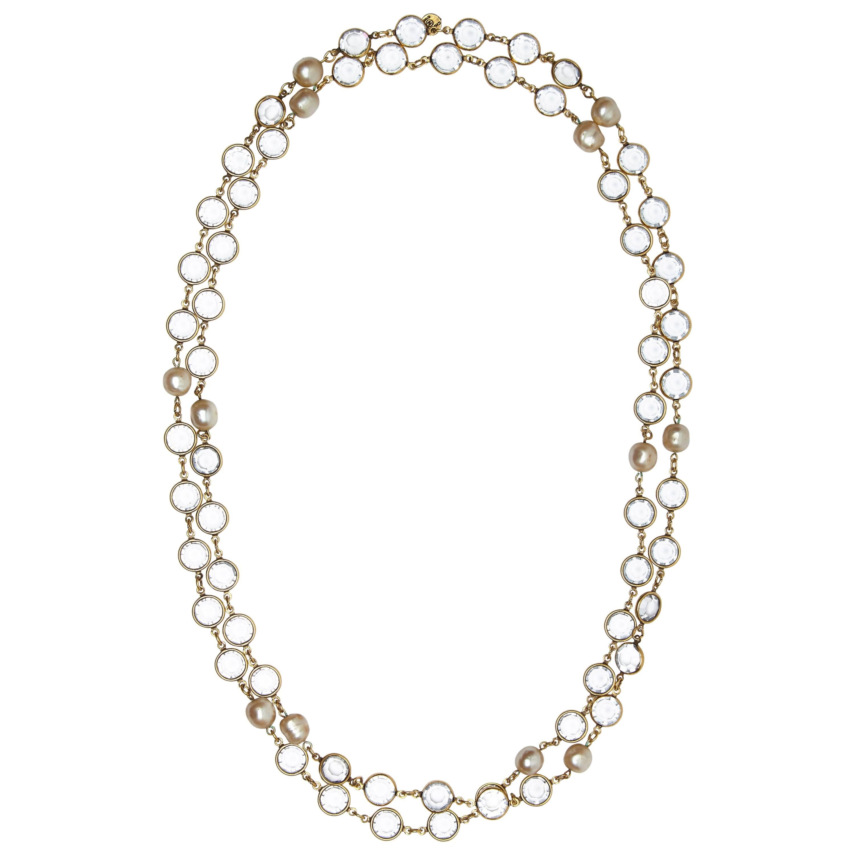 1981 Chanel Long Sautoir Vintage Crystal and Faux Baroque Pearl Necklace